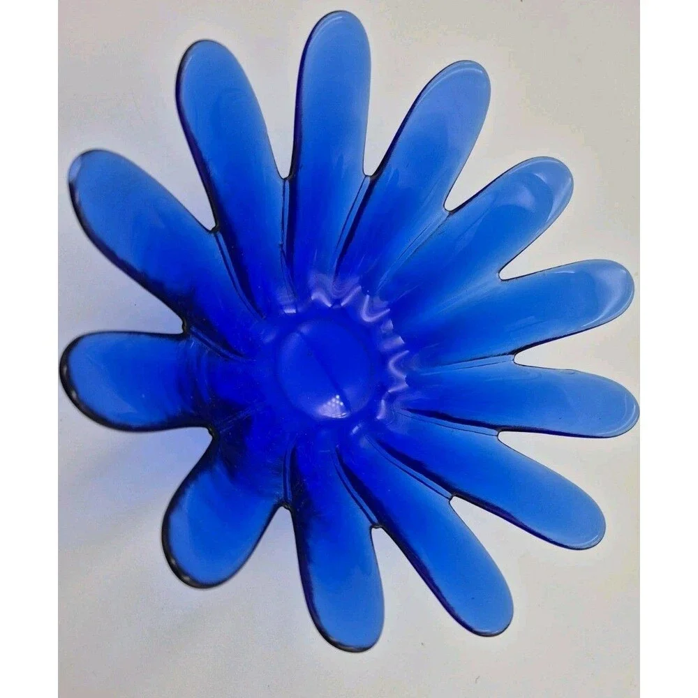 Cobalt Blue Heavy Art Glass Lotus Unique Candle Holder Vintage/ Amber Globe